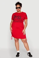 Womens Plus Size Drawstring Hem Glitter Boss Graphic Dress, Red, Size 3X