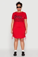Womens Plus Size Drawstring Hem Glitter Boss Graphic Dress, Red, Size 3X