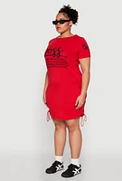Womens Plus Size Drawstring Hem Glitter Boss Graphic Dress, Red, Size 3X
