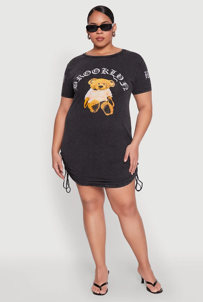 Womens Plus Size Mineral Wash Brooklyn Bear T Shirt Dress, Black, Size 1X