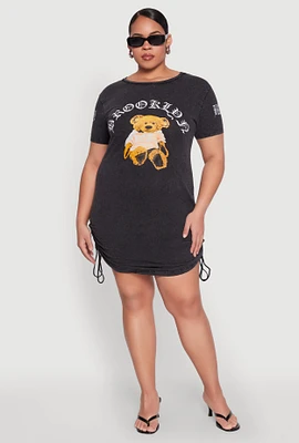 Womens Plus Size Mineral Wash Brooklyn Bear T Shirt Dress, Black, Size 1X