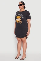 Womens Plus Size Mineral Wash Brooklyn Bear T Shirt Dress, Black, Size 1X