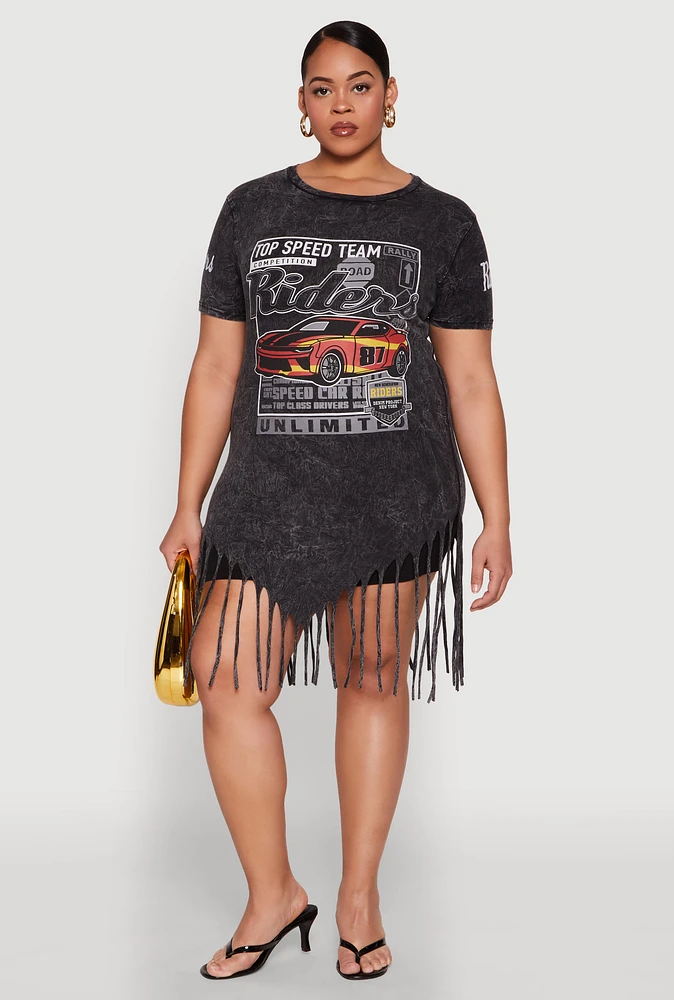 Womens Plus Size Mineral Wash Riders Graphic Fringe T Shirt Dress, Black, Size 2X