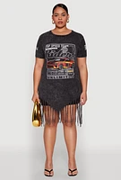 Womens Plus Size Mineral Wash Riders Graphic Fringe T Shirt Dress, Black, Size 2X