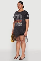 Womens Plus Size Mineral Wash Riders Graphic Fringe T Shirt Dress, Black, Size 2X