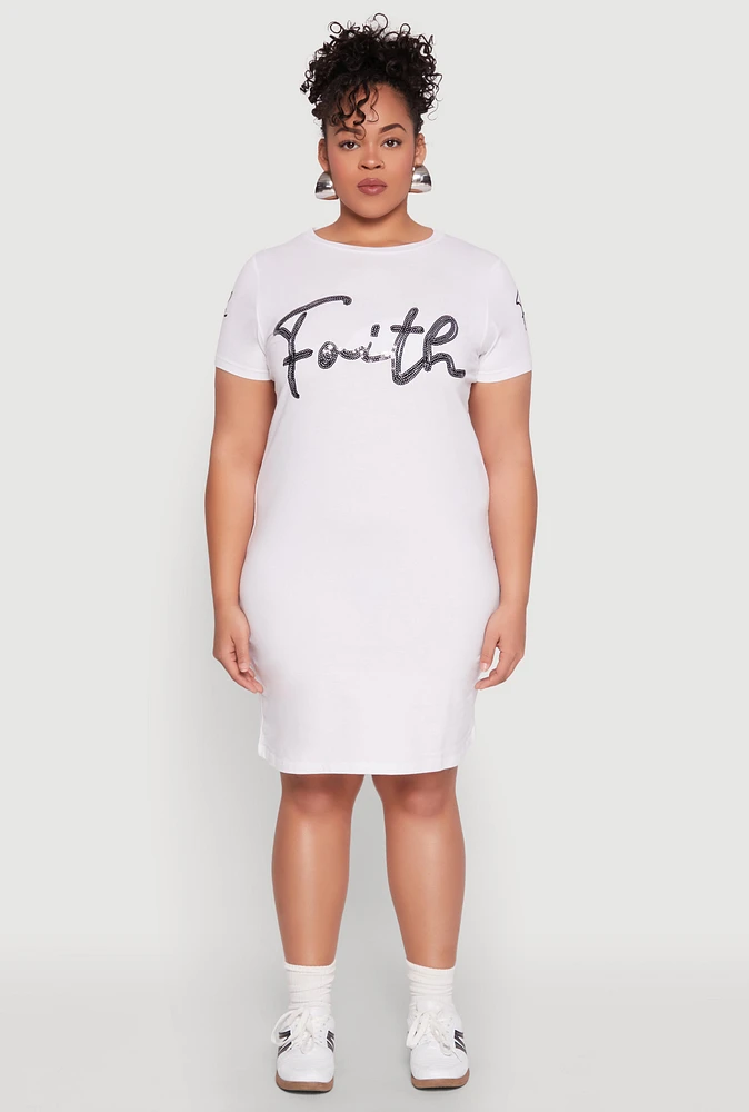 Womens Plus Size Sequin Faith Graphic Dress, White, Size 1X