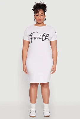 Womens Plus Size Sequin Faith Graphic Dress, White, Size 1X