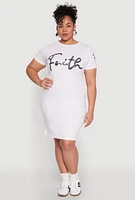 Womens Plus Size Sequin Faith Graphic Dress, White, Size 1X