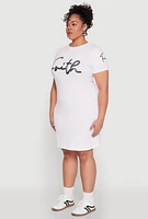 Womens Plus Size Sequin Faith Graphic Dress, White, Size 1X