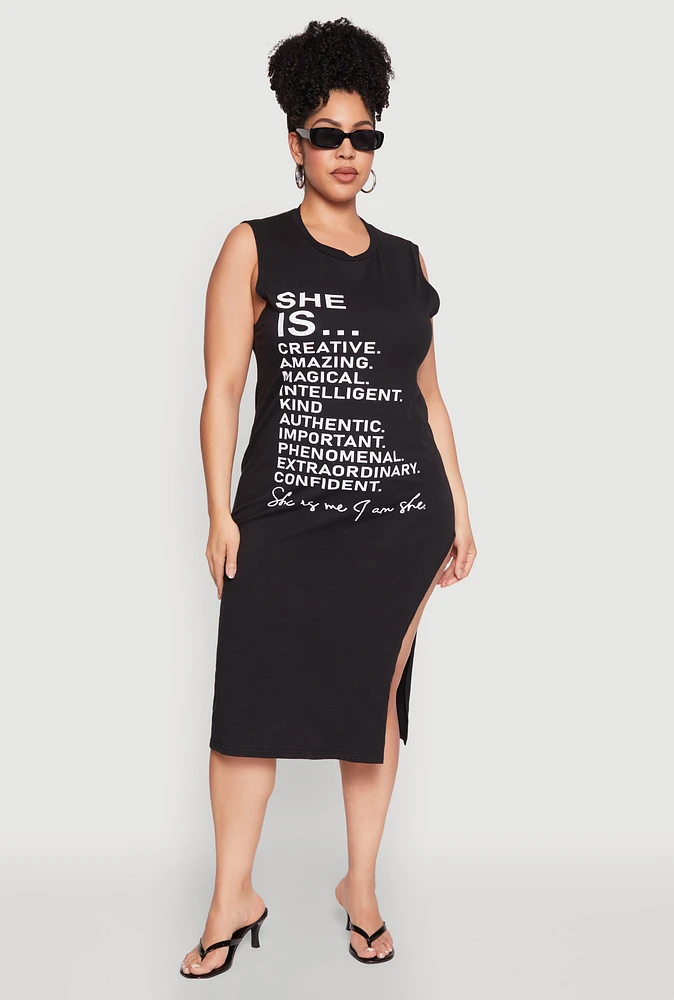 Womens Plus Size She Is Graphic Print Dress, Black, Size 1X