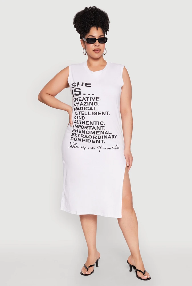 Womens Plus Size She Is Graphic Print Dress, White, Size 2X