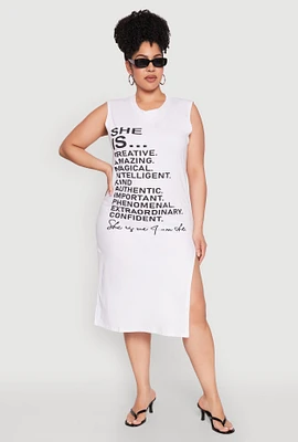 Womens Plus Size She Is Graphic Print Dress, White, Size 2X