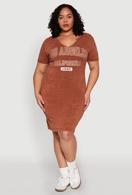 Womens Plus Size Mineral Wash Los Angeles Graphic Print Dress, Brown, Size 2X
