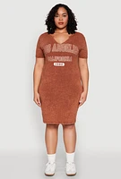 Womens Plus Size Mineral Wash Los Angeles Graphic Print Dress, Brown, Size 2X