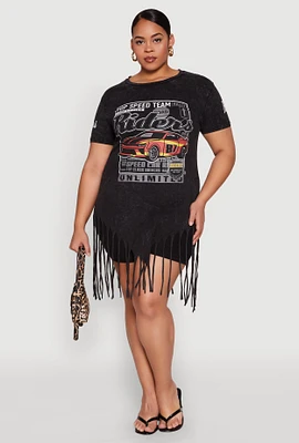 Womens Plus Size Mineral Wash Riders Graphic Fringe Dress, Black, Size 1X