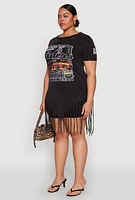Womens Plus Size Mineral Wash Riders Graphic Fringe Dress, Black, Size 1X