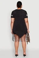 Womens Plus Size Mineral Wash Riders Graphic Fringe Dress, Black, Size 1X