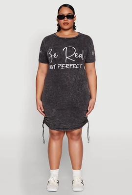 Womens Plus Be Real Not Perfect Ruched T Shirt Dress, Black,