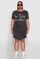 Womens Plus Be Real Not Perfect Ruched T Shirt Dress, Black,