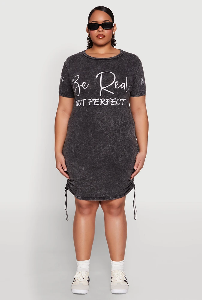 Womens Plus Size Be Real Not Perfect Ruched T Shirt Dress, Black, Size 3X