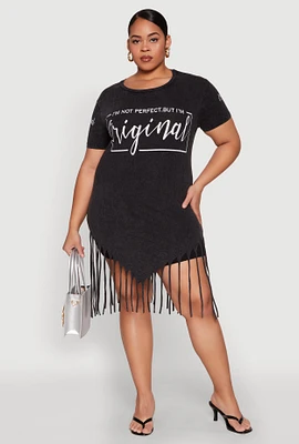 Womens Plus Size Mineral Wash Im Not Perfect But Im Original Fringe Dress, Black, Size 2X