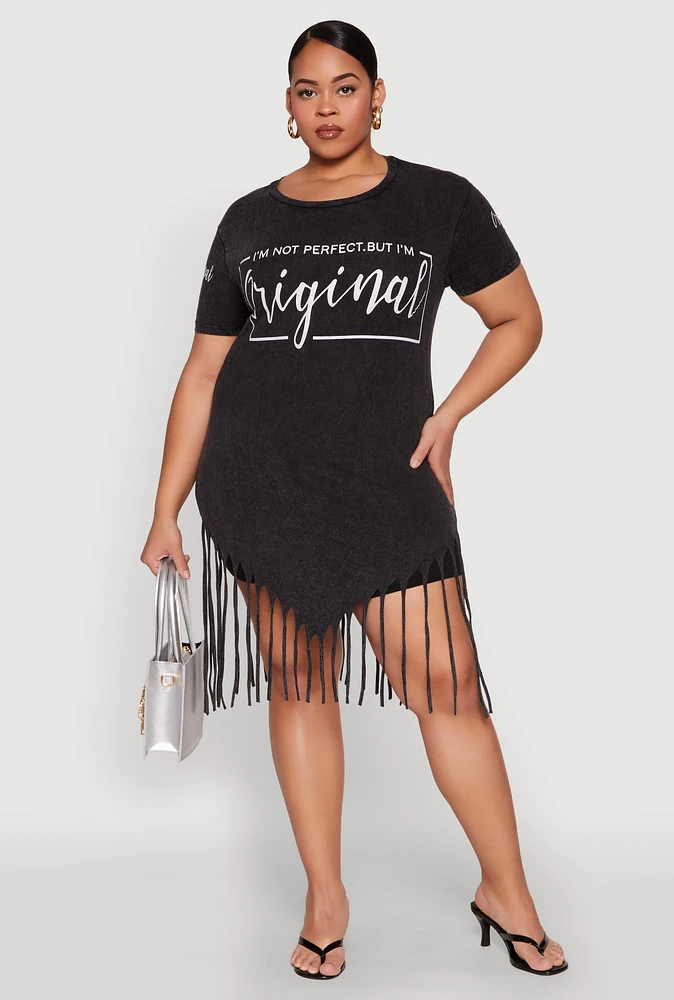 Womens Plus Size Mineral Wash Im Not Perfect But Im Original Fringe Dress, Black, Size 1X