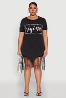 Womens Plus Size Mineral Wash Im Not Perfect But Im Original Fringe Dress, Black, Size 1X