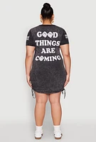 Womens Plus Size Mineral Wash Good Things Are Coming Dress, Grey, Size 1X
