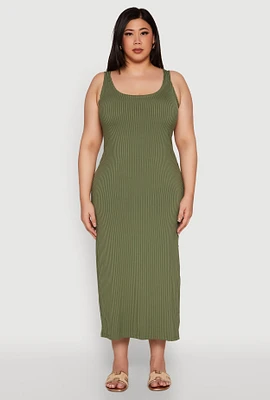 Womens Plus Ribbed Knit Maxi Tank Dress, Green,