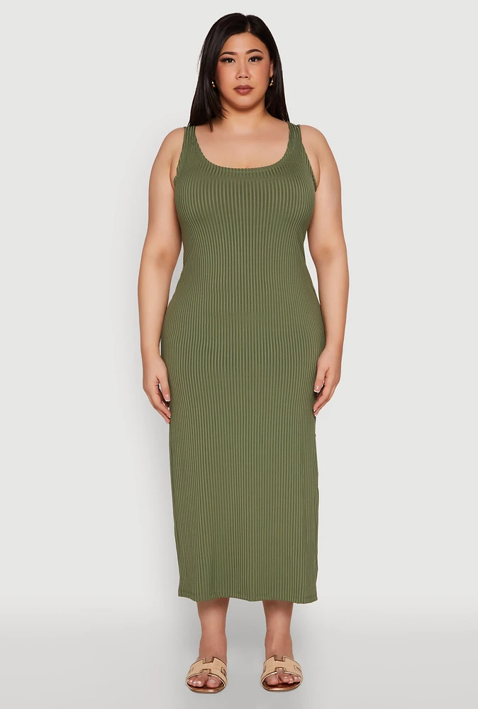Womens Plus Size Ribbed Knit Maxi Tank Dress, Green, Size 2X
