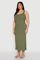 Womens Plus Ribbed Knit Maxi Tank Dress, Green,