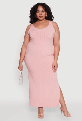 Womens Plus Size Ribbed Knit Maxi Tank Dress, Pink, Size 1X