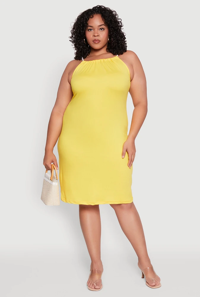 Womens Plus Size Keyhole Back Rope Strap Midi Dress, Yellow, Size 1X