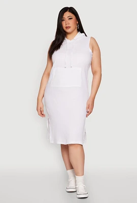 Womens Plus Size Kangaroo Pocket Hooded Tank Dress, White, Size 3X