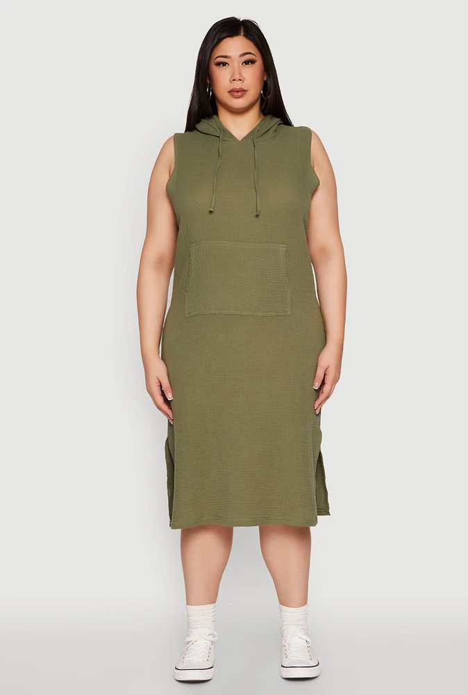 Womens Plus Size Kangaroo Pocket Hooded Tank Dress, Green, Size 1X
