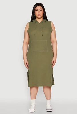 Womens Plus Size Kangaroo Pocket Hooded Tank Dress, Green, Size 1X