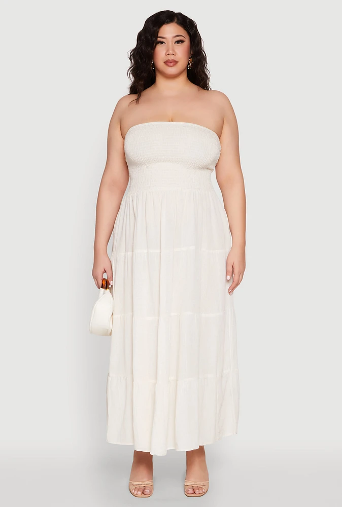 Womens Plus Linen Strapless Smocked Tiered Dress, Beige,