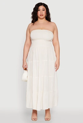 Womens Plus Linen Strapless Smocked Tiered Dress, Beige,