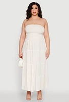 Womens Plus Linen Strapless Smocked Tiered Dress, Beige,