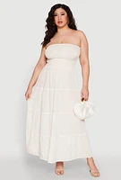 Womens Plus Linen Strapless Smocked Tiered Dress, Beige,