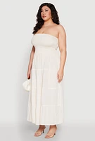 Womens Plus Linen Strapless Smocked Tiered Dress, Beige,