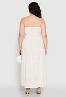 Womens Plus Linen Strapless Smocked Tiered Dress, Beige,