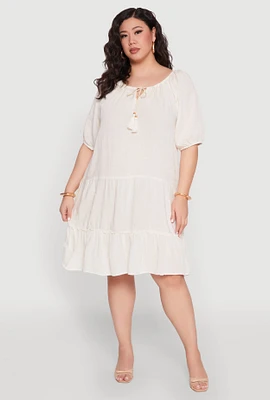 Womens Plus Size Tassel Tie Front Tiered Dress, Beige, Size 3X