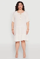 Womens Plus Size Tassel Tie Front Tiered Dress, Beige, Size 3X