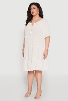 Womens Plus Size Tassel Tie Front Tiered Dress, Beige, Size 3X