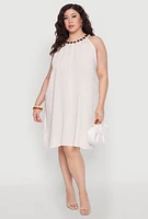 Womens Plus Size Wood Trim Detail Linen Shift Dress, Beige, Size 1X