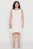 Womens Plus Size Wood Trim Detail Linen Shift Dress, Beige, Size 1X