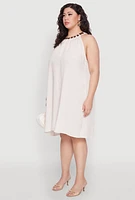 Womens Plus Size Wood Trim Detail Linen Shift Dress, Beige, Size 1X