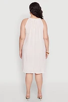 Womens Plus Size Wood Trim Detail Linen Shift Dress, Beige, Size 1X