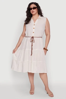 Womens Plus Size Linen Sleeveless Button Front Dress, Beige, Size 1X